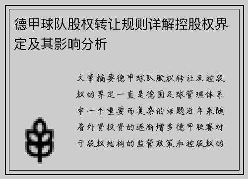 德甲球队股权转让规则详解控股权界定及其影响分析