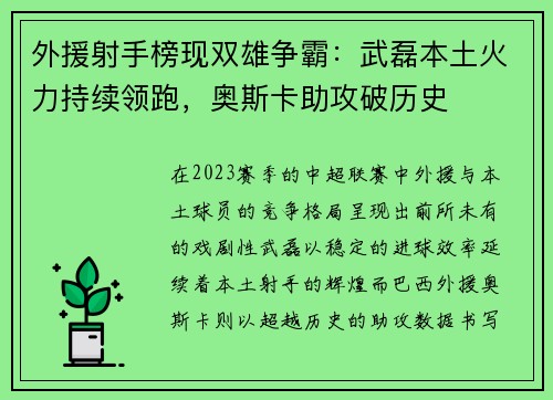 外援射手榜现双雄争霸：武磊本土火力持续领跑，奥斯卡助攻破历史